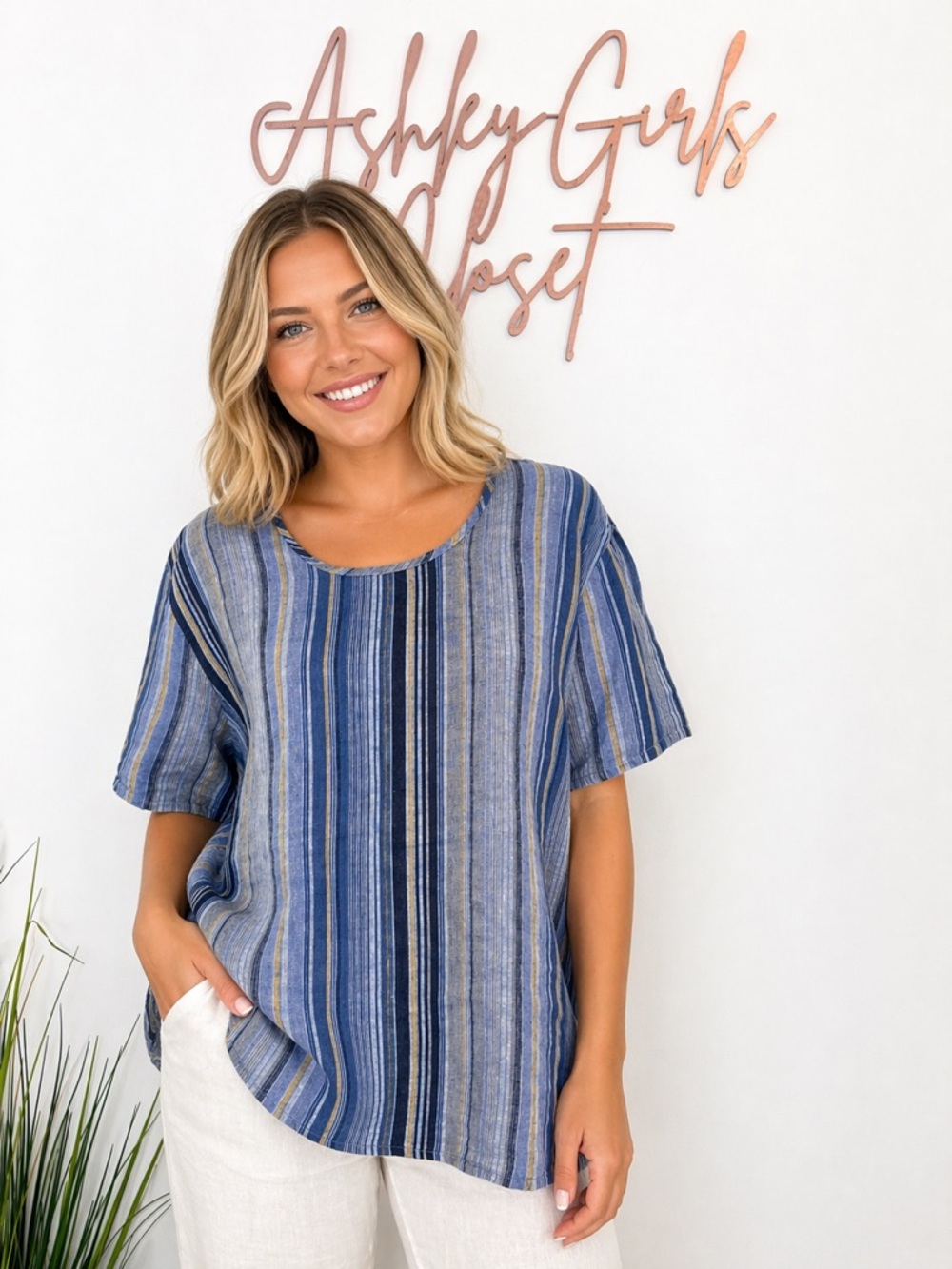FLAX 100% Linen Striped Tunic Top | Blue & Yellow | Size 1G (Generous Fit)